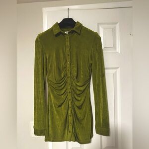(WITH JEAN) Andy Dress - Long sleeve green slinky dress with ruching down center